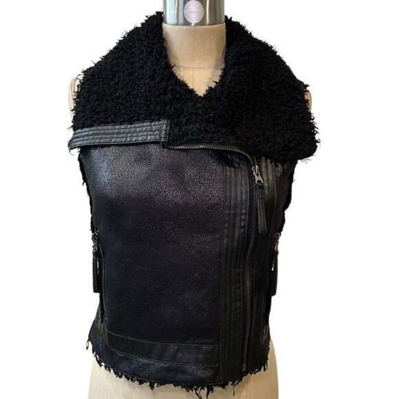 Forever 21 Faux Leather Shearling Fur Vest Jacket Black Small Rocker Sleeveless - Picture 3 of 12